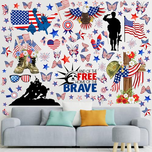 ReliThick 4th of July Wall Stickers Memorial Day Wall Decals Land of The Free Window Clings American Flag Military Soldier Boots Stickers Decor for Independence Day Party Home Office School Decor