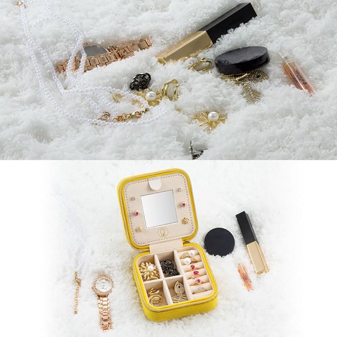 Plush Velvet Travel Jewelry Case, Organizer, Box, Small Case for Women, Earring Organizer with Mirror, Best Gifts For Daughter, Girlfriend, Mom | Gifts For Her - Yellow