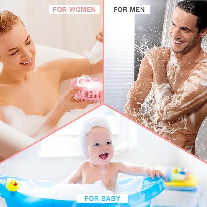 Upgrade 2 in 1 Bath and Shampoo Body Brush, Silicone Exfoliating Body Scrubber for Use in Shower, Premium Silicone Loofah, Head Scrubber, Scalp Massager, Easy to Clean (1PC Pink)