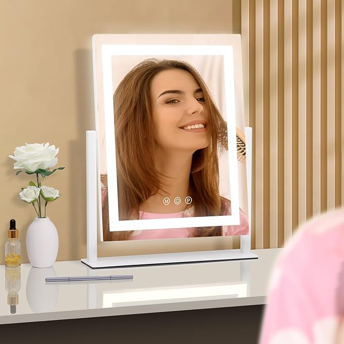 Lighted Makeup Mirror with Smart Touch, 3 Color Modes & Stepless Dimming, for Desk Bedroom Dressing Room, LED Vanity Mirror 13.2" H x 11.2" W