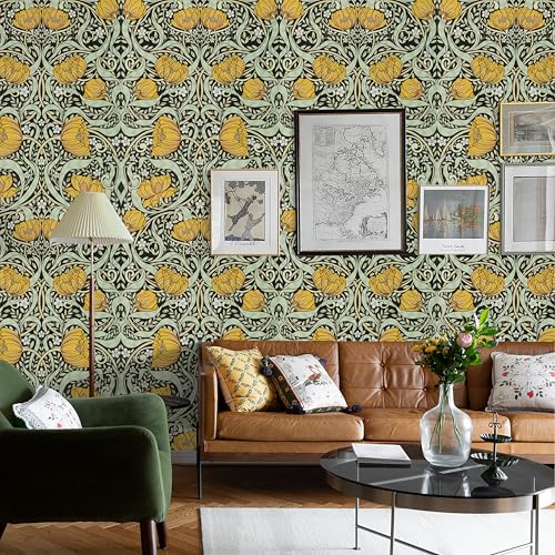 Yellow Boho Floral Wallpaper Peel and Stick Flowers Contact Paper 17.5"¡¿118" - Mid Century Style William Morris Self Adhesive Vinyl Removable Wall Paper for Kitchen Bedroom Renter Friendly Home Decor