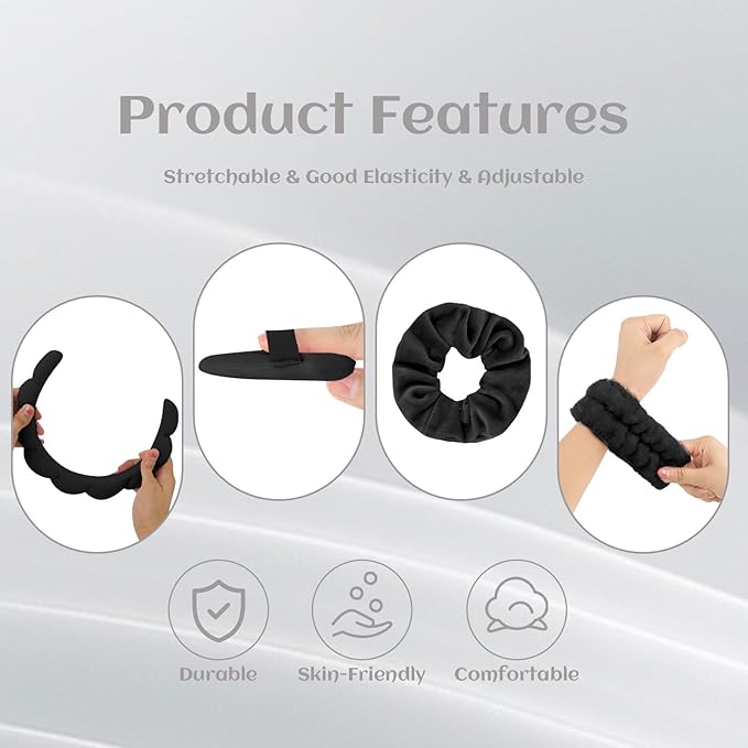 7Pc Headband and Wristband Set for Skincare, Face Washing, Makeup Removal - Includes Terry Cloth Headbands, Facial Sponges, and Powder Puffs in Black