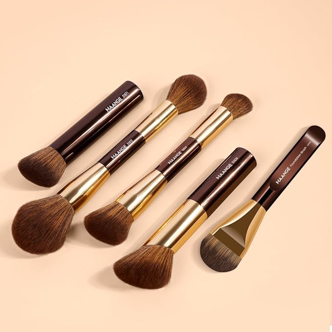 MAANGE 5 PCS Foundation Makeup Brush Set Double-ended Kabuki Mask Contour Brush for Liquid Powder Concealer Cream Cosmetics Blending Makeup Brushes (Coffee Gold)
