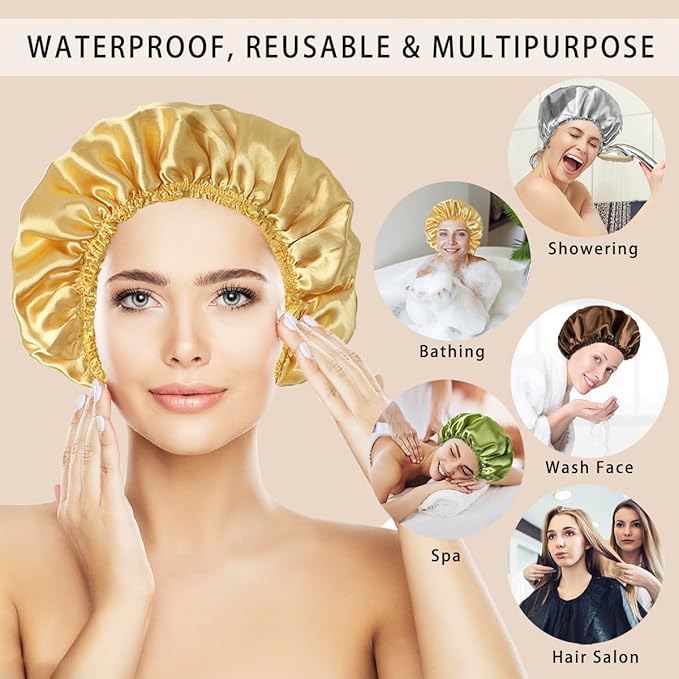 4 PCS Shower Cap for Women, Elastic and Reusable Bath Caps, Double Layers Shower Caps Reusable Waterproof, Bathing Shower Caps, Environmental Bath Hair Protection Cap -Gold+Green+Silver Gray+Brown