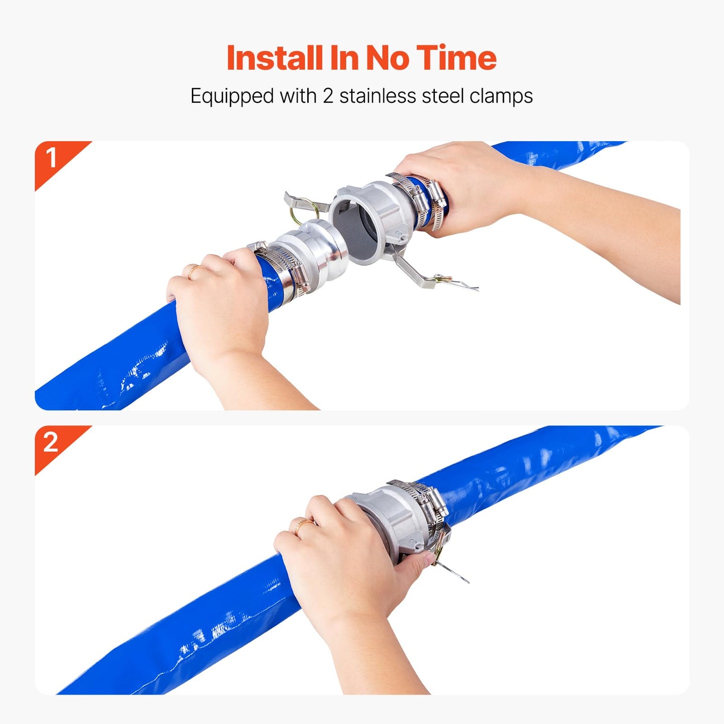 VEVOR Backwash Hose, 2 in x 100 ft, Blue PVC Hose, with Clamps, Camlock, Aluminum Fittings, Fit Various Pumps, for Sewage Treatment, Water Transportation and More Agricultural Purposes