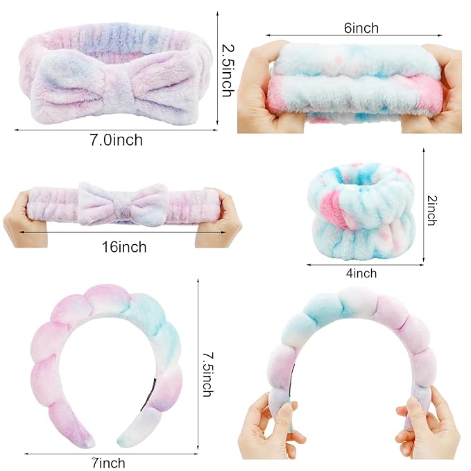 Chanaco Skincare Headband, 4 Pack Gradient Purple Sponge Hair Band for Washing Face, Face Wash Headband with Bow, Spa Headbands for Women, Yoga, Makeup, Shower, Party Favors, Stocking Stuffers