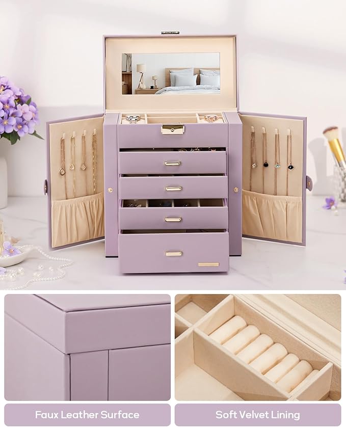 Homde Synthetic Leather Huge Jewelry Box Mirrored Watch Organizer Necklace Ring Earring Storage Lockable Gift Case (Grey Purple + Gold)
