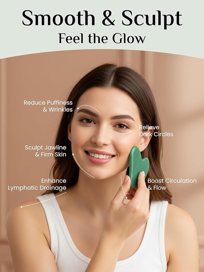 Rena Chris Gua Sha Facial Tools: Jade Stone Guasha Tool for Face Acupuncture Therapy, Facial Massager for Jawline Sculpting and Puffiness Reducing (Green)