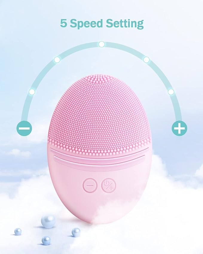 EZBASICS Facial Cleansing Brush Made with Ultra Hygienic Soft Silicone, Waterproof Sonic Vibrating Face Brush for Deep Cleansing, Gentle Massaging, Inductive Charging (Pink) 1 Pack+5 Speed Settings