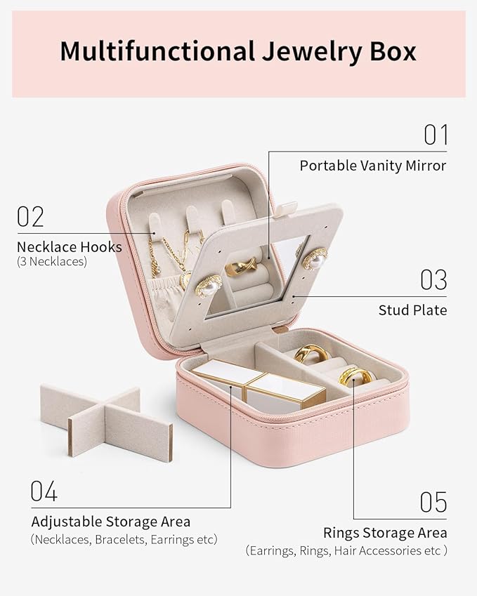 VLANDO Valentines Day Gifts - Small Travel Jewelry Box Organizer -Jewelry Display Case for Girls Women Bridesmaid Gift Rings Earrings Necklaces Storage with Mirror Pink