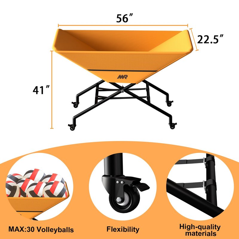 MR Collapsible Volleyball Wheeled Cart, Portable Hammock Ball Cart, Volleyball Cart with Wheels, Rolling Volleyball Basket Ball Storage, Volleyball Training Equipment Ball Holder, Hold Up to 30 Balls