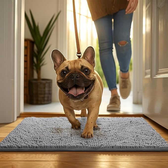 MudGuard Mat™ Dog Door Mat for Muddy Paws, Super Absorbent Microfiber, Non-Slip Indoor Mat, Quick Dry Chenille Mud Mat for Dogs & Entryway, Washable, Grey 36" x 60"