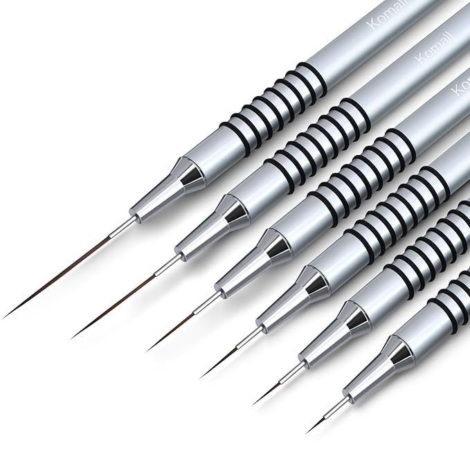 Metallic Nail Art Brushes, 6Pcs Non Slip Liner Brush Set, UV Gel Polish Painting Art Design Pen for Long Lines, Thin Details, Fine Drawing Sizes 5/7/9/11/20/25mm(Silver)