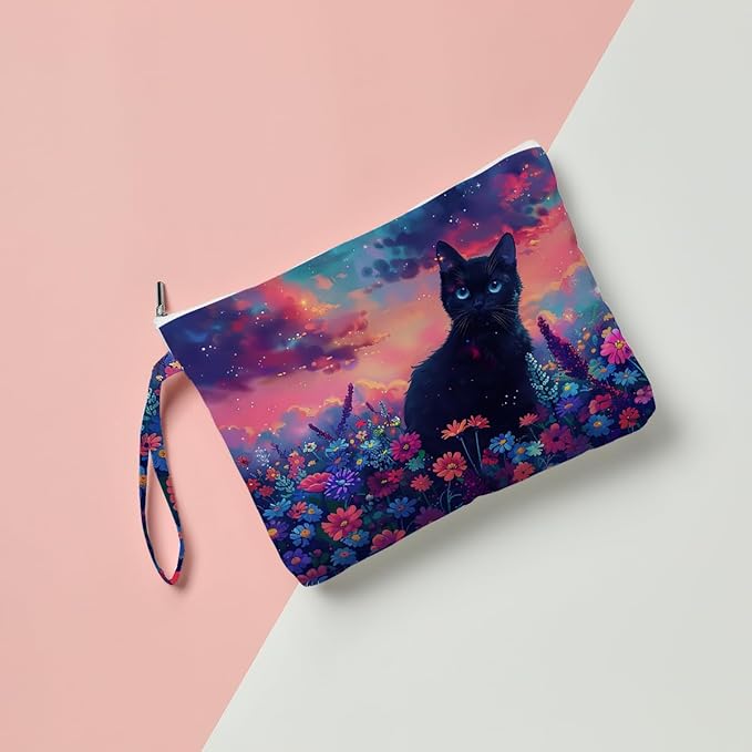 Fokongna Black Cat Print Wet Bag, Small Portable Waterproof Multi-Functional Organizer for Women, Ideal for Daily, Beach & Travel