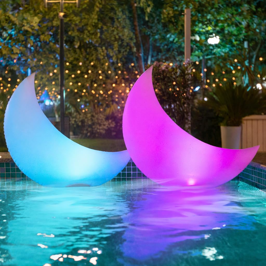 TIALLY Floating Pool Lights Solar Powered - 24" Crescent Moon Floating Pool Decorations, Floating Solar Pool Lights for Swimming Pool, Weddings, Pool Party Decor (2 Pack)