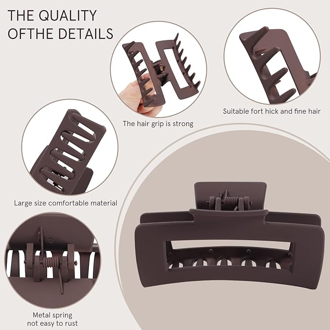 Mandydov 8 Pcs Large Hair Claw Clips 4.1" Non-slip Big Square Matte Hair Claw Clip Black Grey Claws for Women, Strong Hold for Thick Thin Hair