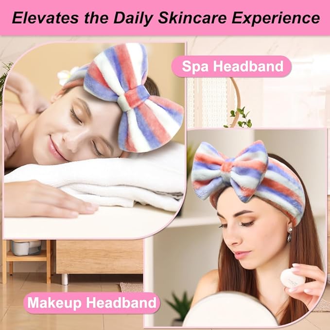 Shintop Women Fashion Lovely Soft Carol Fleece Bowknot Bow Makeup Cosmetic Shower Elastic Hair Band Hairlace Headband (Purple Stripe)