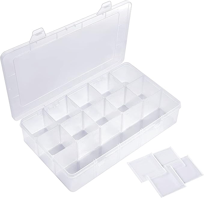 Storage Box with Dividers, 15-Grid Extra Large Plastic Storage Case for Nail Art Decoration, Clear Fake Nail Organizer Container with Lids for Acrylic Nails Tip, Rhinestone, Bead, Charm, Craft