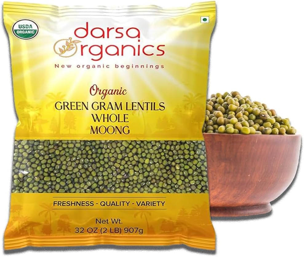 Darsa Organics Whole Green Moong (Mung) Bean Lentils 2 lb – USDA Organic, Non-GMO, Kosher, Gluten-Free | Protein & Fiber Rich | Perfect for Sprouting, Soups & Salads
