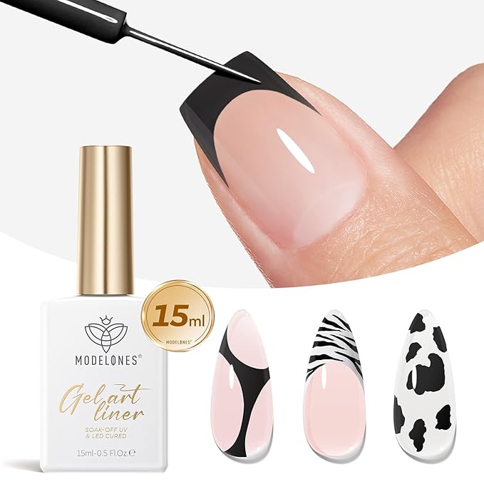 modelones Black French Tip Liner Gel Polish, 15 ML All Black Classic Color Nail Art Paint Swirl with Upgraded Fine Line Brush Soak Off U V DIY Home Salon Professional Manicure Design Gift for Women