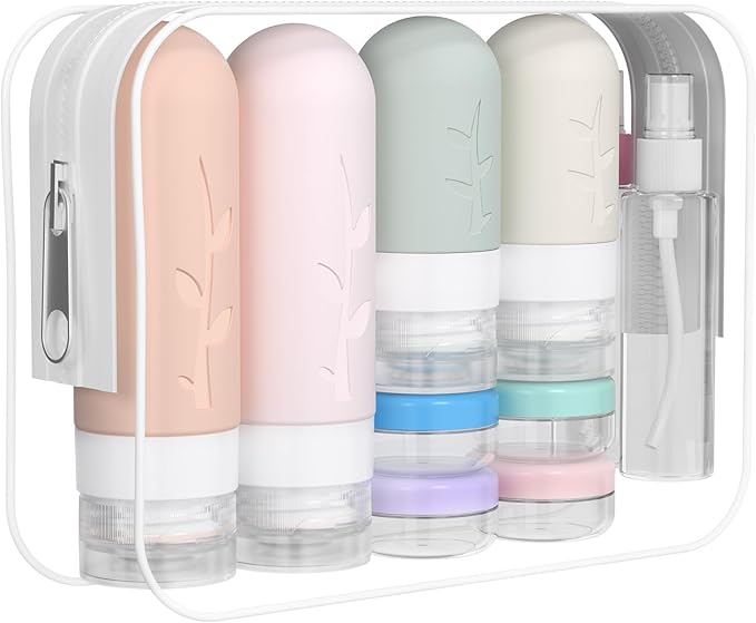 Travel Bottles Kit (16 Pack) - TSA Approved, Leak Proof Silicone Squeezable Containers for Toiletries. Complete Set with Jars, Sprayers & Bag (Pink)