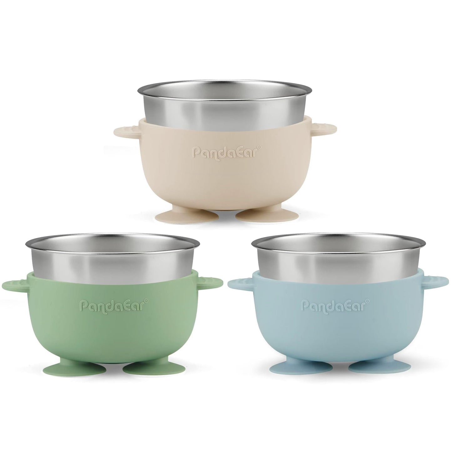 PandaEar 3 Pack Stainless Steel Baby Suction Bowls, Non-Slip Child Food Bowl with Silicone Sleeve for Kids Toddlers Infants, Unbreakable & Mess Free (Blue Green Beige, With Lids)
