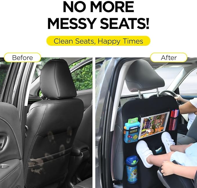 lebogner Back Seat Cover for Kids + 6 Pocket Storage Organizer, 2 Pack X-Large Kick Mats Backseat Protector with iPad Tablet Holder, Car Seat Back Protectors for Vehicles to Protect from Dirt & Mud