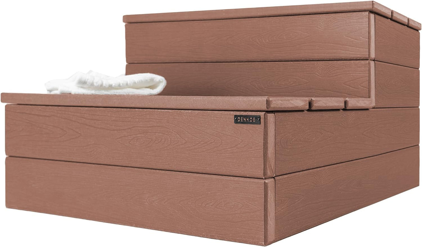 DENKOE Hot Tub Steps - Wood Looking Plastic - 100% Waterproof - Brown Non Slip, Heavy Duty, Multi Use as Porch Steps, Hot Tub Stairs, Outdoor Stairs, Fits Any Spa Size