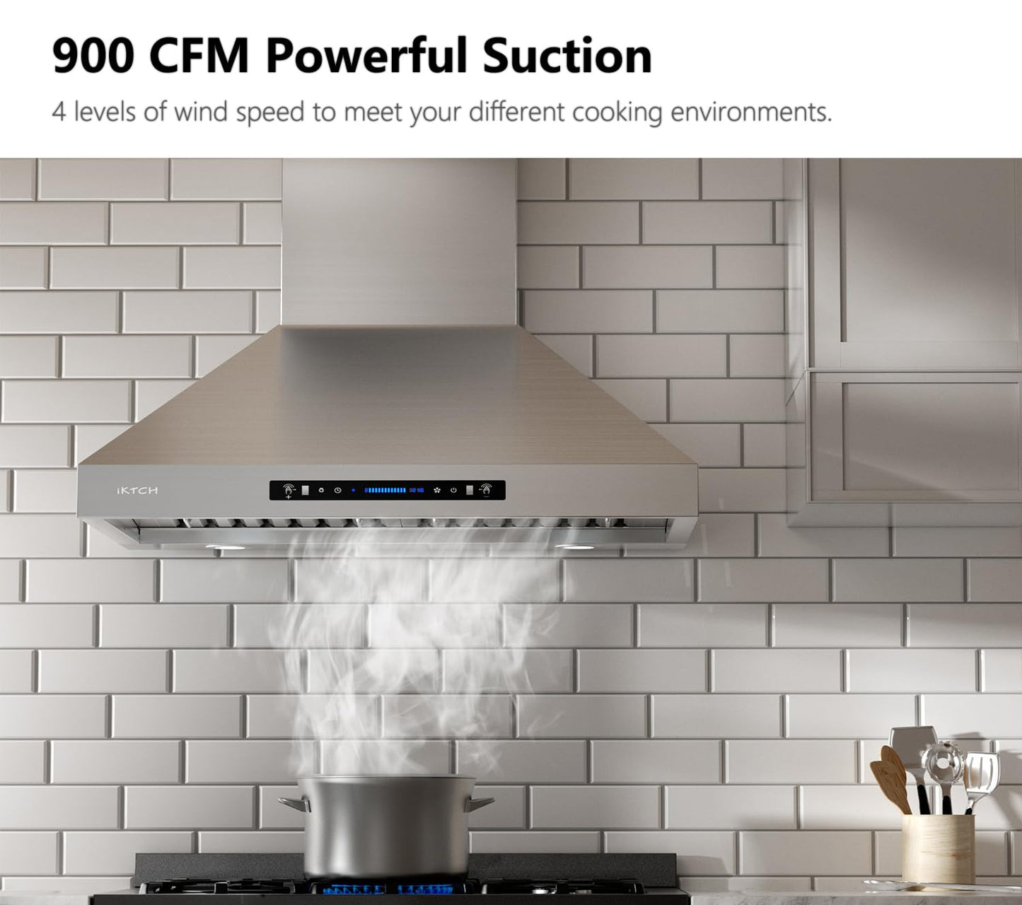 IKTCH 36-inch Wall Mount Range Hood 900 CFM Ducted/Ductless Convertible, Kitchen Chimney Vent Stainless Steel with Gesture Sensing & Touch Control Switch Panel, 4 Pcs Adjustable Lights