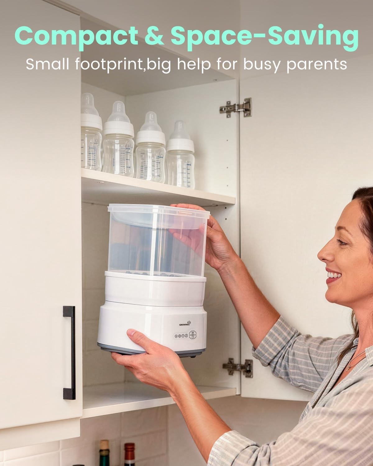 GROWNSY Bottle Sterilizer and Dryer, Compact Electric Steam Baby Bottle Sterilizer (Esterilizador de Biberones), Bottle Sanitizer for Baby Bottles, Pacifiers, Pump Parts