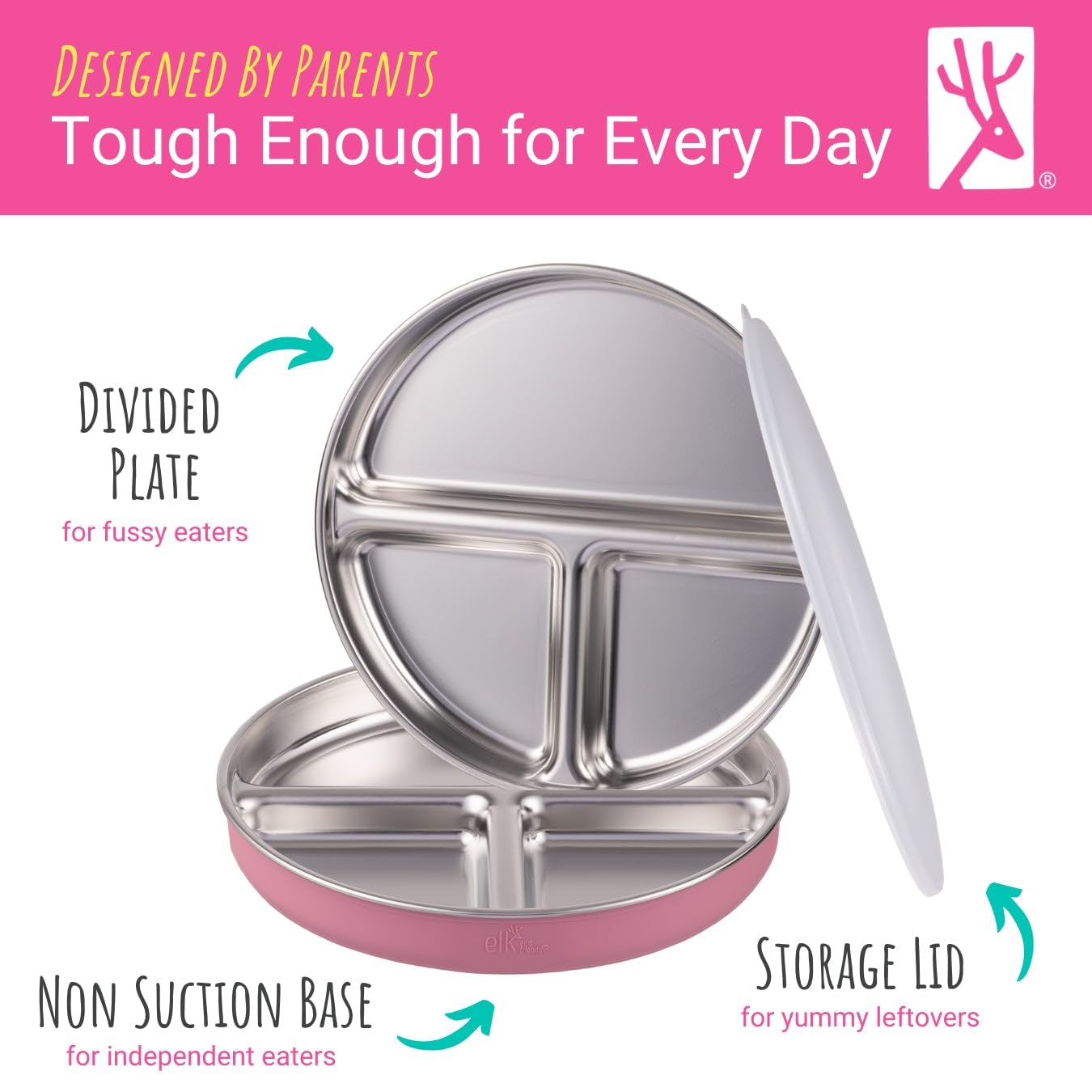 Stainless Steel Divided Plates + Silicone Sleeve and Storage Lid | Baby, Toddler, Kids | Dinner & Snack Plates | 4 Pack