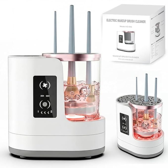 3-in-1 Electric Makeup Brush Cleaner with Air Drying Fan, Automatic Wash & Rinse, USB Powered, Designed for Single-Ended Brushes