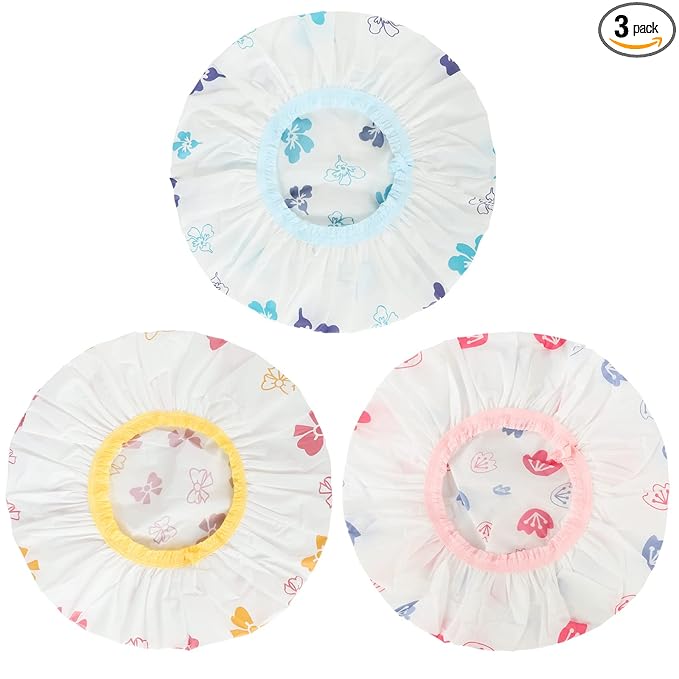 Waterproof Shower Caps, 3 Pcs Plastic Reusable Shower Caps Elastic Band Bath Caps for Women, Kids (Flower)