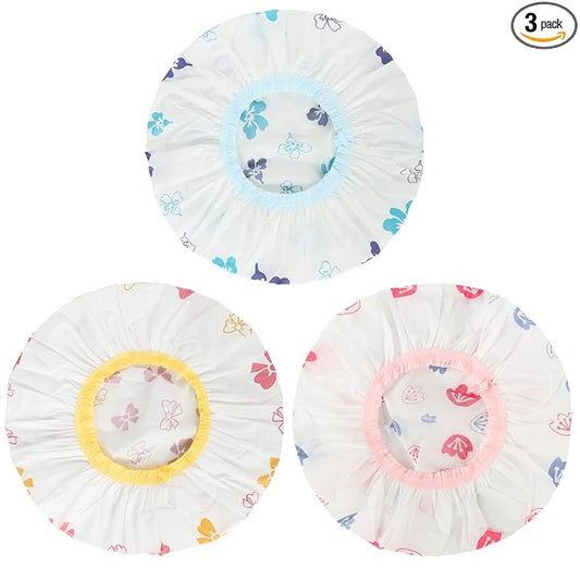 Waterproof Shower Caps, 3 Pcs Plastic Reusable Shower Caps Elastic Band Bath Caps for Women, Kids (Flower)