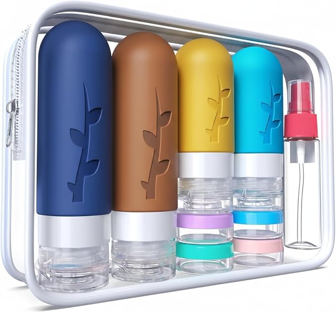 Travel Bottles Kit (16 Pack) - TSA Approved, Leak Proof Silicone Squeezable Containers for Toiletries. Complete Set with Jars, Sprayers & Bag (Dark blue)