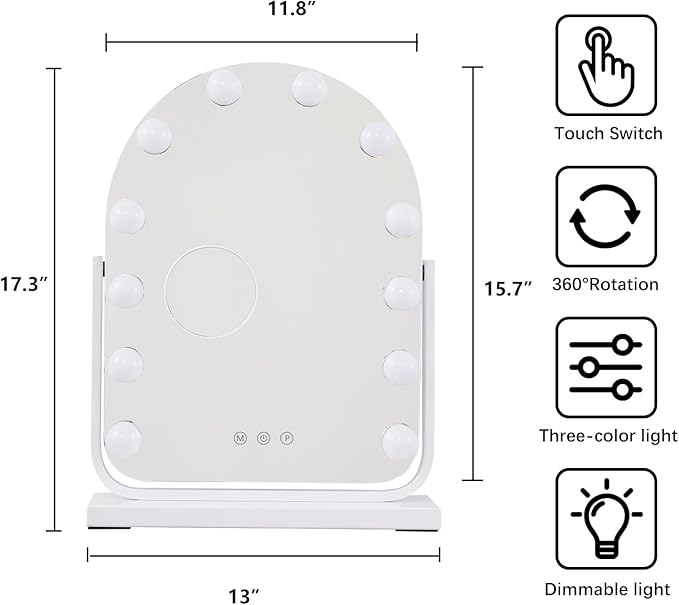 Makeup Mirror with Lights-3 Modes,Smart Touch Control,Detachable 10X Magnification,15.7"ÃÂ11.8" Hollywood Vanity,360ÃÂ° Rotation Ã¯Â¼ÂWhiteÃ¯Â¼Â