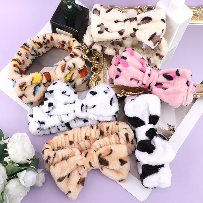 SPA Headbands for Washing Face Makeup Headbands with Bow Laurel Hair Band Women Facial Head Band Wrist Towel Wraps For Shower Face Mask Pink White, 6 Pack
