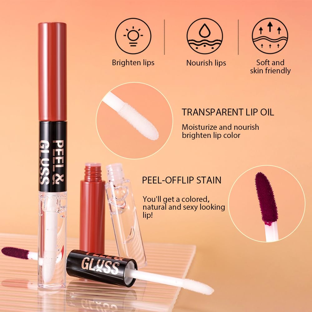 2Pcs Liquid Lip Stain Peel Off Lip liner and Lip oil with Tweezer, Dual-Ended Peel Off Lip Stain Tattoo, Highly Pigmented Long Lasting Waterproof, Transfer-proof for All Skin Types, 02#+04#
