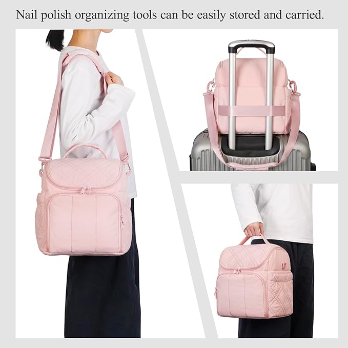 Nail Polish Organizer with 2 Detachable Cases Hold 60 Bottles & Nail Lamp, Portable Nail Organizers and Storage with Handle & Shoulder Strap, Travel Nail Bag for Manicure Tools