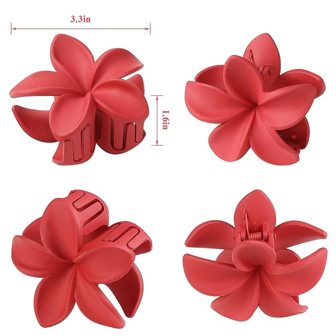 Flower Hair Clips for Women 6 Pcs Hawaiian Large Claw Clips Plumeria Medium Hair Claw Clips for Thick Thin Hair Hibiscus Tropical Beach Hair Accessories for Women Girls and Girls-Red