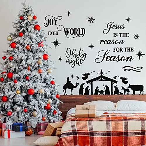 3 Pcs Nativity Scene Decor Stickers Christmas Bible Quotes Christian Vinyl Wall Decal Set Jesus is The Reason for The Season Bible Verse Wall Decals Joy to The World Stickers for Home