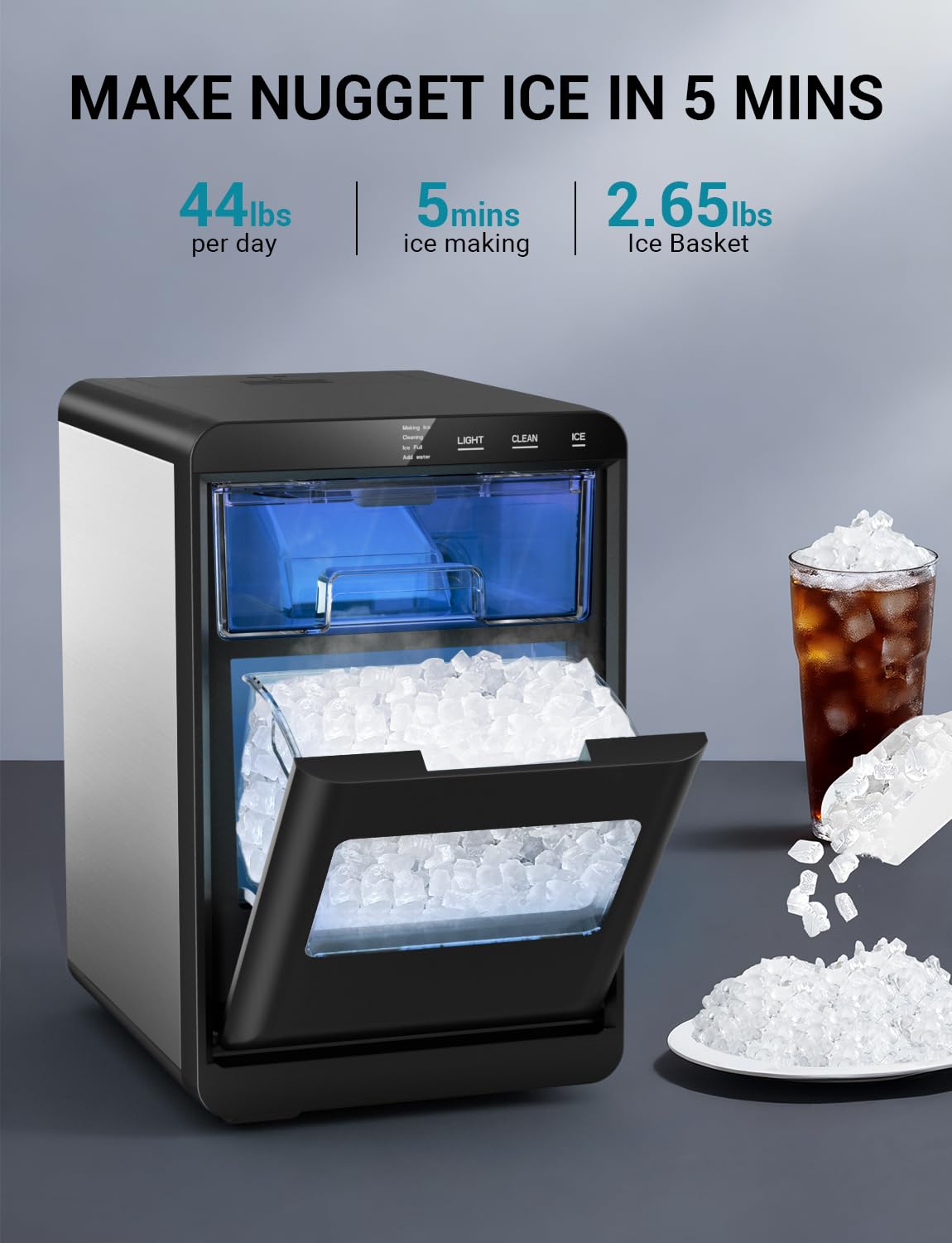 Nugget Ice Maker Countertop,Pebble Ice Machine, 5-10 Mins Fast Ice Making, Self-Cleaning, Portable for Home, Outdoor, Camping, Hospital, RV (28lbs)