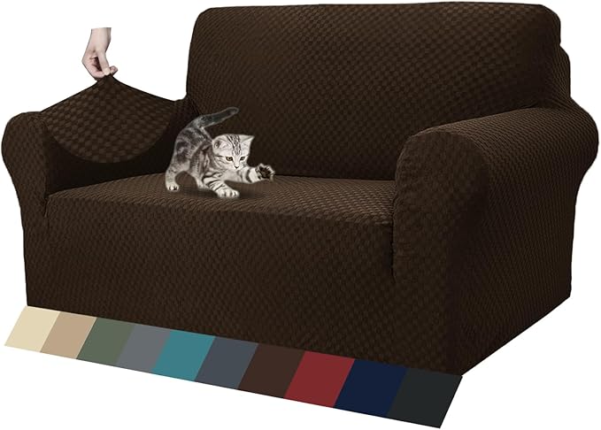 ZNSAYOTX 1 Piece Jacquard Couch Covers for 2 Cushion Couch High Stretch Loveseat Slipcover for Pets Dogs Anti Slip Love Seat Sofa Slipcover Furniture Protector (Loveseat, Dark Coffee)