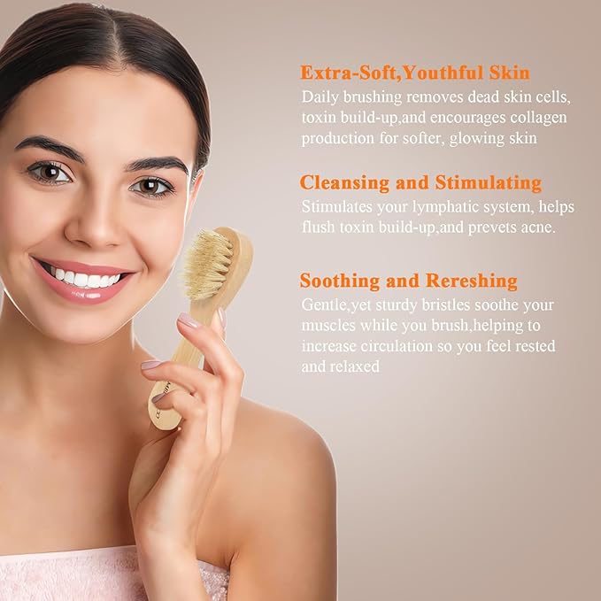 Dry Brushing Body Brush Set with Long Handle, Natural Boar Bristle Body & Face Brush, Wooden Detachable Scrub Brush, 3 Brush Heads for Exfoliating & Body Care
