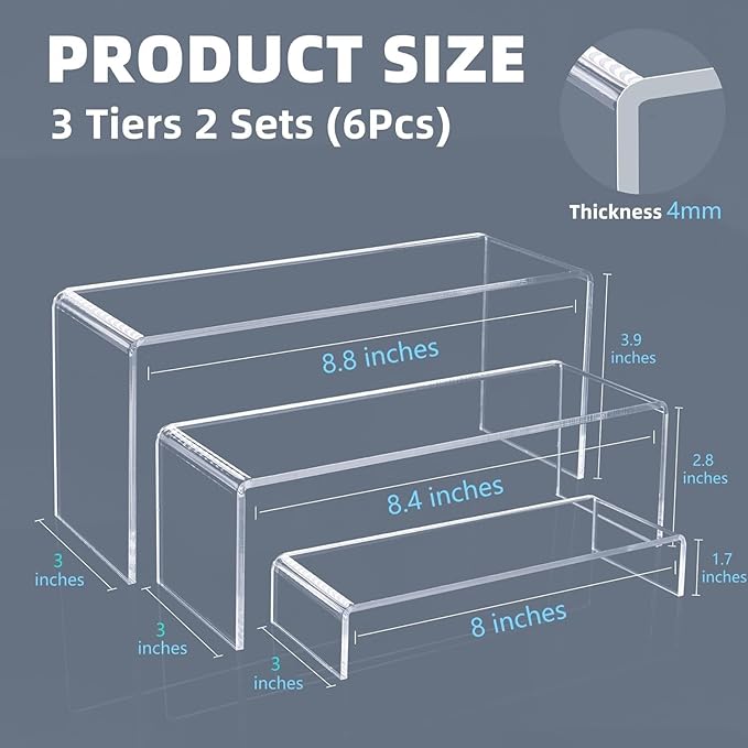 Goabroa 2 Sets 6 Pcs Clear Cupcake Display Risers 3 Tiers Rectangular Risers Display Stands 4mm Thick Collectibles Jewelry Display Shelf Lego Display Shelves Risers