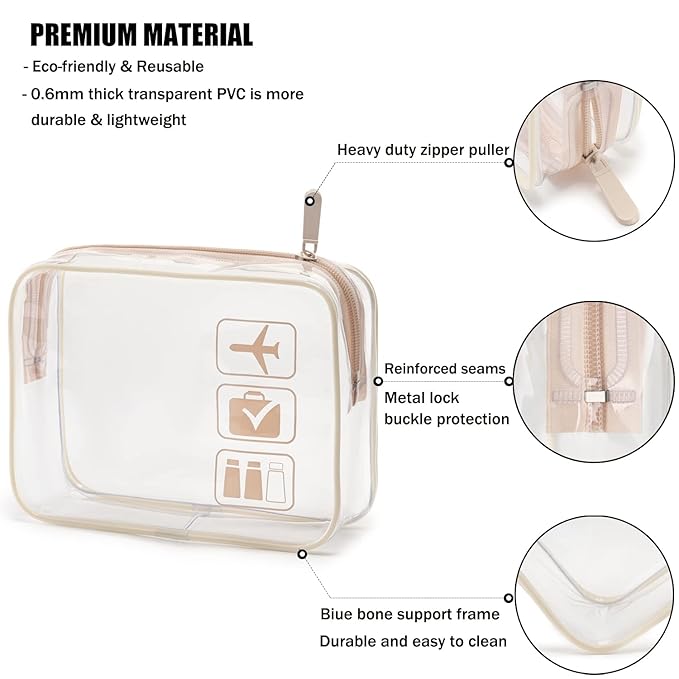 MODENGKONGJIAN TSA Approved Toiletry Bag, 3 Pcs Clear Toiletries Bags Quart Size Travel Makeup Cosmetic Bag for Women Men, Carry on Airport Airline Compliant Bag (Flesh Pink)