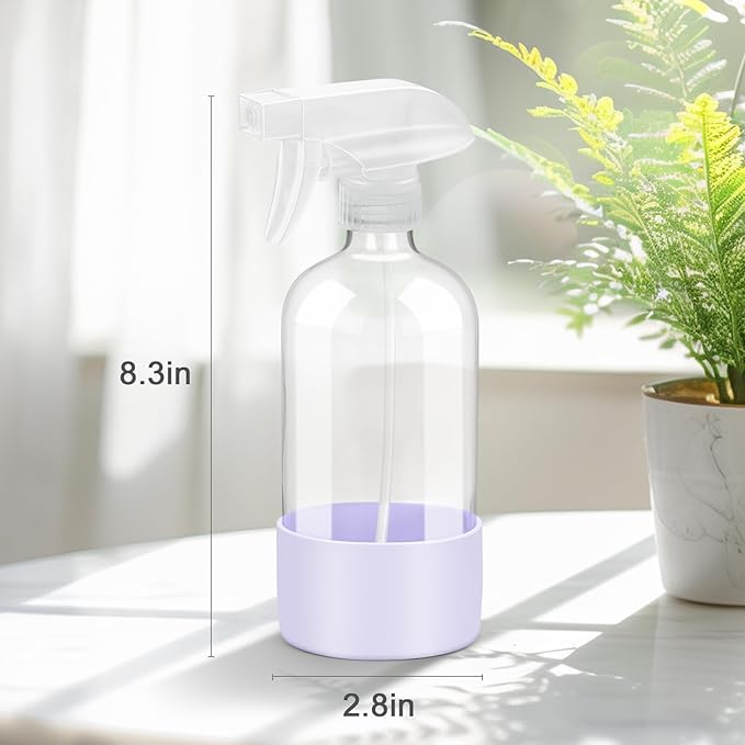 Worldgsb 2 Pack Glass Spray Bottles with Silicone Sleeve, 16 oz Empty Refillable Containers with Adjustable Spray Nozzles, Spray Bottles for Hair, Cleaning Solutions and Plants Purple