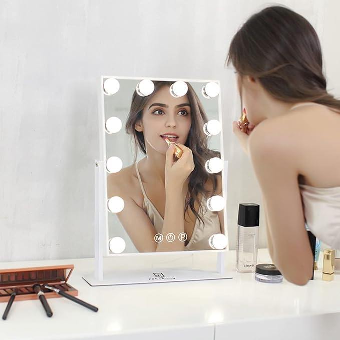 FENCHILIN Lighted Makeup Mirror Hollywood Mirror Vanity Makeup Mirror with Light Smart Touch Control 3Colors Dimmable Light Detachable 10X Magnification 360°Rotation