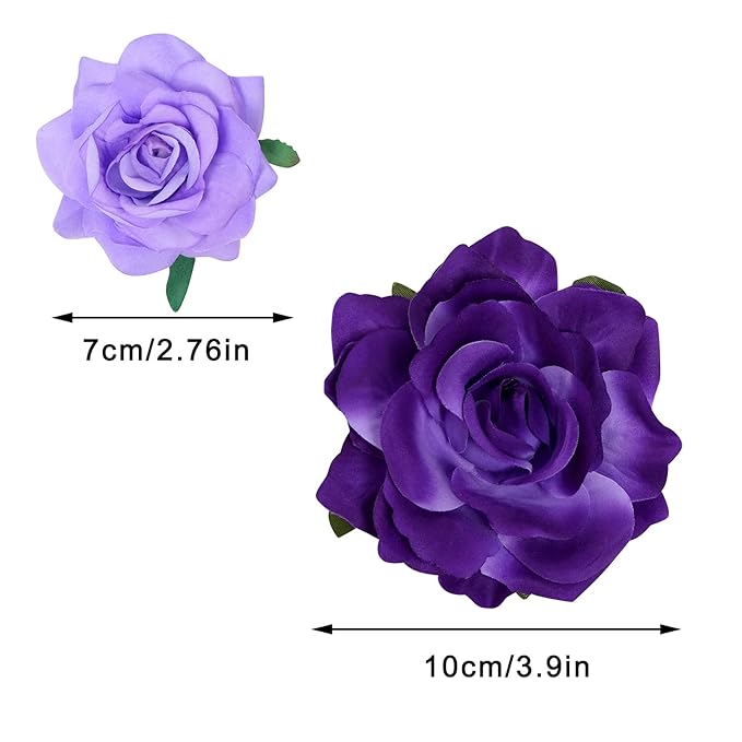 Rose Hair Clip Flower Hairpin Brooch Floral Clips, 4 Pcs Fabric Rose Flowers Hair Clips Mexican Hair Flowers Pin up Headpieces for Woman Girl Wedding Party Mother's Day (2 Sizes) (Purple)