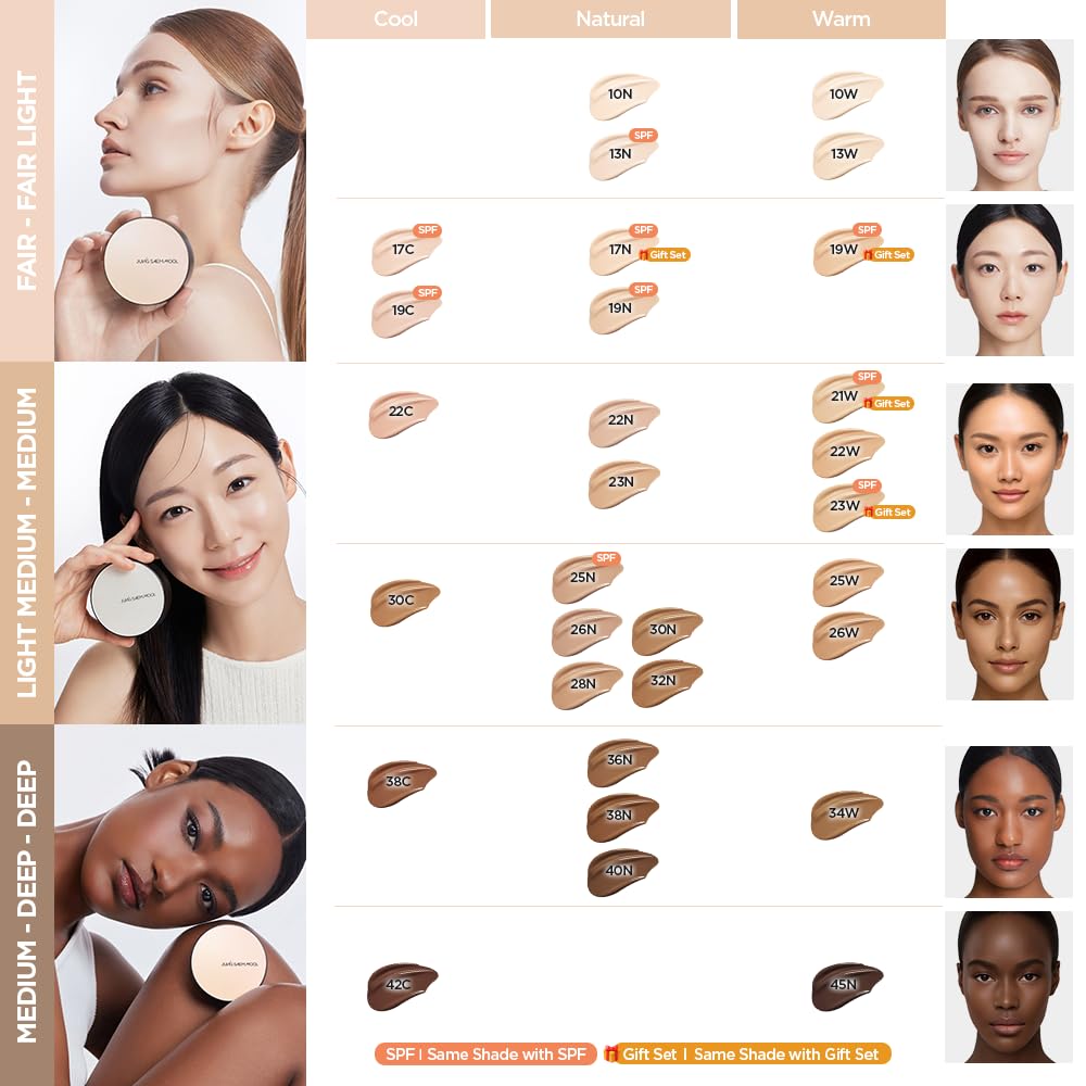 JUNG SAEM MOOL Essential Skin Nuder Cushion | Natural Finish, Buildable Coverage Cushion Foundation by Korean Makeup Artist (Mini, 0.17 Fl Oz), 21W Medium